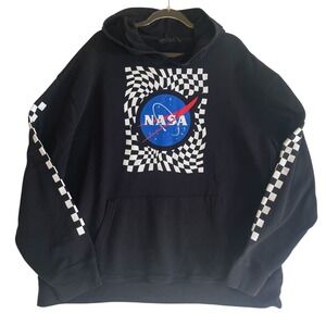Mad Engine NASA Hoodie Black Unisex XL Space Graphic Checkered Sleeves Pullover